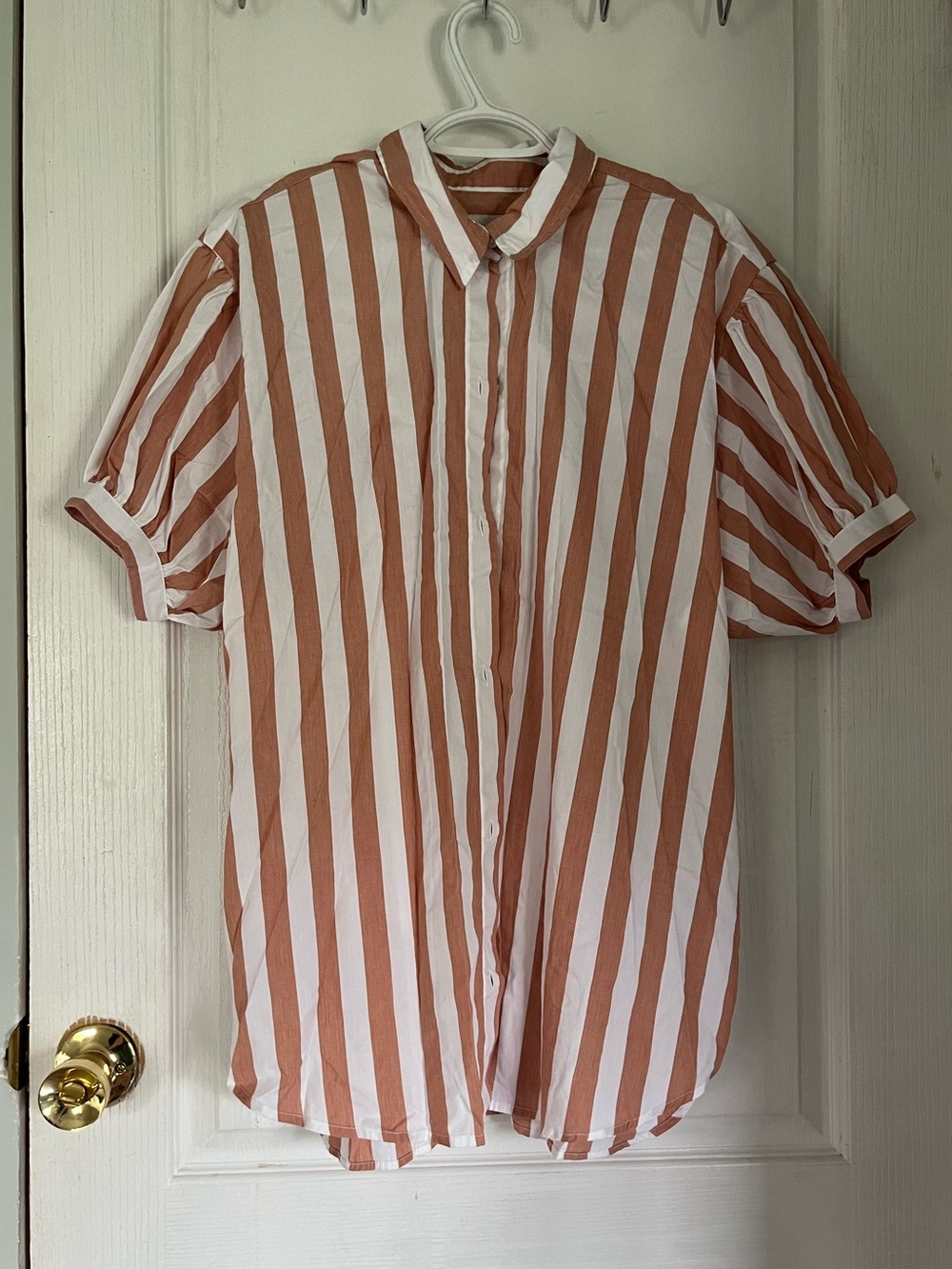 Short Sleeve Button-Up Shirt - White and Rust/orange Stripe